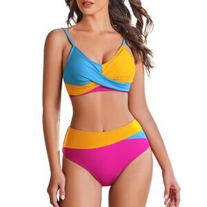 New Large Color Block, High Waisted, Tummy Control Two Piece Swim Suit